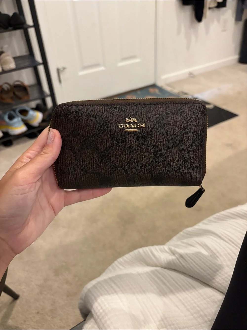 Coach Brown Signature Zip Wallet with Gold Hardware